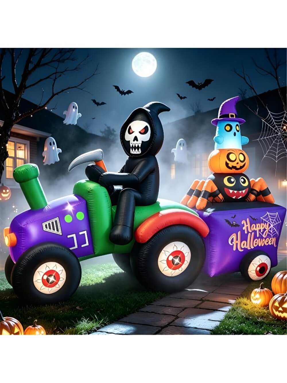 7FT Long Halloween Inflatable Grim Reaper Tractor Trailer Light